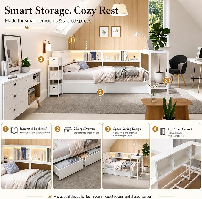 Bellemave Queen Corner Bed Frame with Storage Bookcase & 2 Drawers, Modern Metal Queen Daybed with LED Lights & Charging Station, Reversible Queen Size Corner Bed with Desk for Space-Saving, White