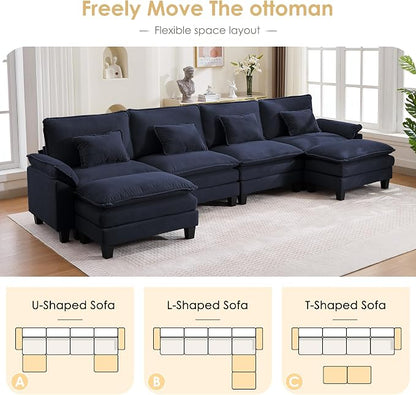 157" Corduroy Modular Sectional Sofa, Convertible U Shaped Modular Sofa Comfy Cloud Couch with Ottoman, Side Pockets and 4 Throw Pillows for Living Room, Blue, 6 Seats
