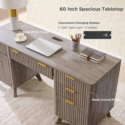 T4TREAM Fluted Executive Desk with Drawers, 60" Modern Home Office Computer Desk with Charging Station, File Cabinet, Keyboard Tray and Storage Cabinet for Study, Living Room, Bedroom, Alder Grey