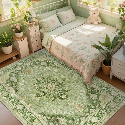 RELEANY Area Rugs 5'x7' Washable Non-Slip, Floral Vintage Distress Medallion Carpet for Living Room Bedroom Dining Room, Sage Green Yellow