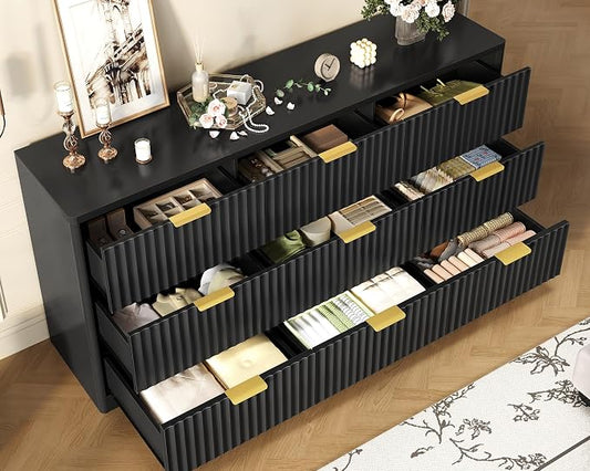 TEENFON Fluted Dresser for Bedroom with 9 Drawers, 63" Wide Modern Chest of Drawers with Metal Handle & Curved Profile Design, Wood Closet Clothes Storage Organizer for Living Room, Hallway, Black