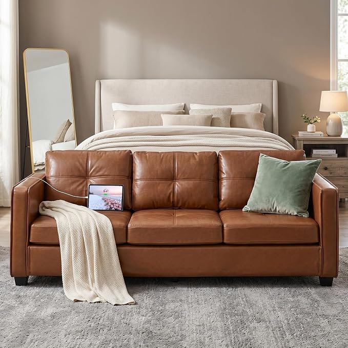 TYBOATLE 88" W Faux Leather Couches for Living Room w/Side Pockets, Tufted Mid-Century Modern Comfy Leather Couch w/USB and Wider Arms, 3 Seater Sofa for Office, Apartment, Bedroom, Brown