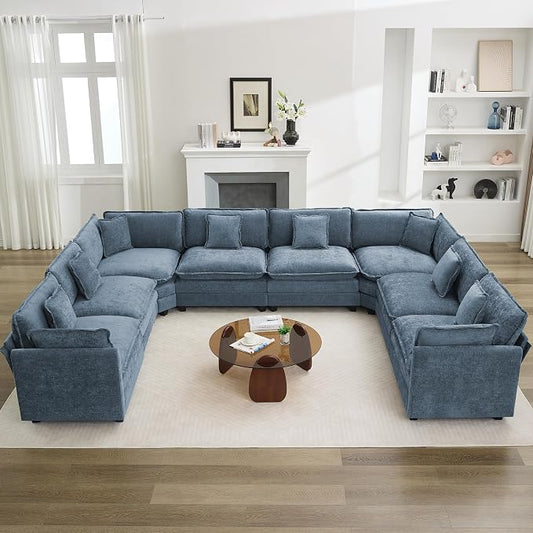 147'' Oversized U Shaped Cloud Sectional Sofa, Chenille Deep Seat Couches for Living Room, Comfy Upholstered Modular Sectional Sofa Couch, Blue