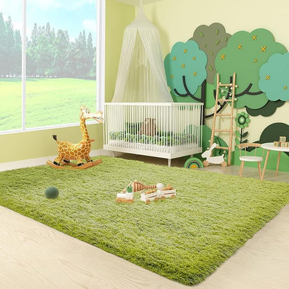Ophanie Green Grass Area Rugs for Bedroom, 3x5 Shag Fluffy Carpet, Fuzzy Furry Plush Soft Cute Kids Baby Girls Shaggy Bedside Floor Rug for Teen Nursery Decor Aesthetic with Over 99 pcs Pile fibers