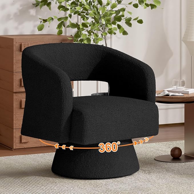 Luxanimarion Swivel Barrel Accent Chair,Oversized Teddy Upholstered Round Swivel Chair,Modern Luxury 360 Degree Living Room Vanity Chair for Bedroom Office,Black,4PCS
