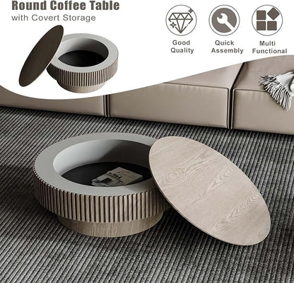 Round Coffee Table with Storage, Modern Wooden Coffee Table with Solid Wood Veneered, Circle Center Table Accent Tea Table for Living Room Apartment Small Space (31.5''L × 31.5''W × 14''H, Grey)