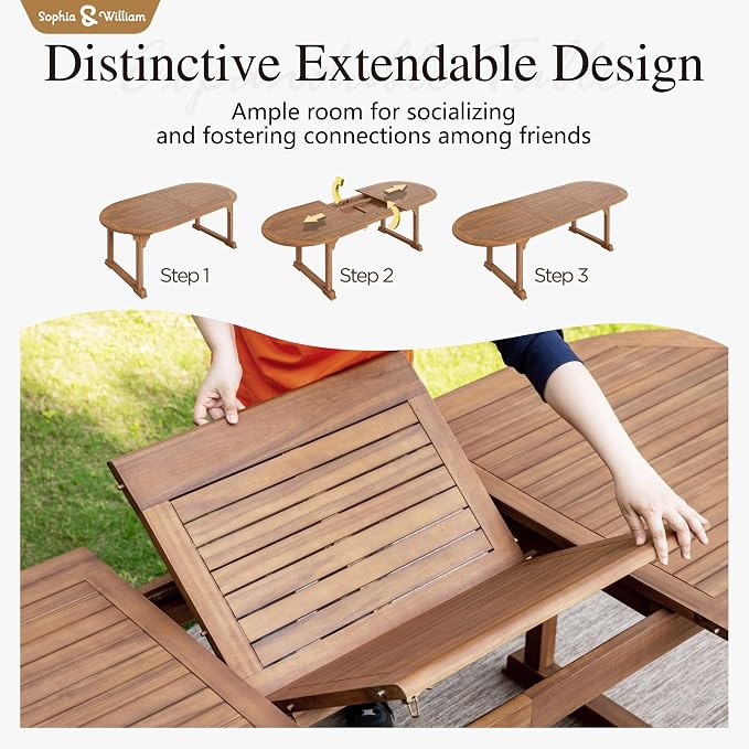 Sophia & William Patio Outdoor Table and Chairs Set, Patio Dining Sets for 6, 7 Pieces Patio Table Set Acacia Wood Table Expandable and Rattan Chairs for Backyard Deck Porch Outside
