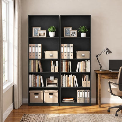 Furinno Jaya Book Shelf Set of 2, 5-Tier Bookshelf, Bookcase, with Adjustable Shelf, 9.5 x 24.5 x 71, for Home Office, Living Room, Black