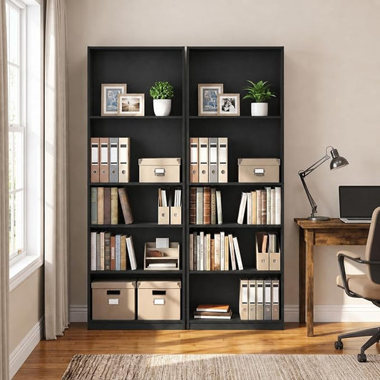 Furinno Jaya Book Shelf Set of 2, 5-Tier Bookshelf, Bookcase, with Adjustable Shelf, 9.5 x 24.5 x 71, for Home Office, Living Room, Black