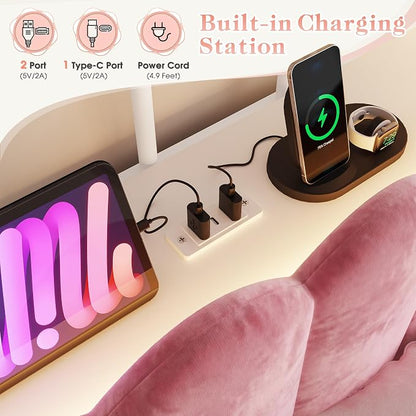 Homkdom Canopy Bed Frame Full with Upholstered Storage Headboard and Charging Station & LED Lights, 2 Oversized Drawers,Heavy-Duty Support, No Box Spring,Quiet Sleep,Easy Assembly, Pink