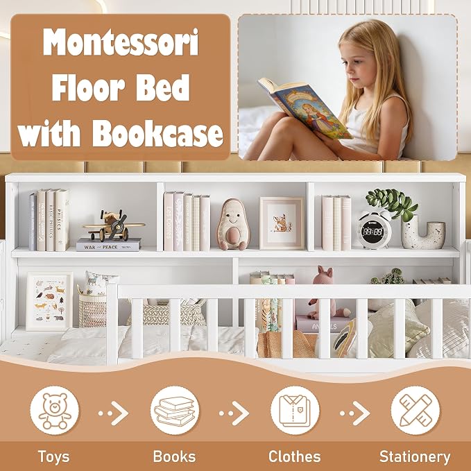 Bellemave Full Size Montessori Floor Bed with Bookcase, Full Size Floor Bed with Rails and Storage Shelves, Easy Assemble Montessori Beds Frame for Girls, Boys, White