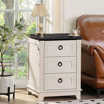 Joaxswe Farmhouse Night Stand Set of 2, 18" End Table with 3 Drawer Metal Handle, Dresser for Bedroom, Sofa Bed Side Table Chest of Drawers,Wood Nightstand Cabinet for Organizer, Living Room-White