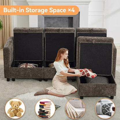 WUTUTUEE 83'' Modular Sectional Sofa Convertible L Shaped Couch Set for Living Room, 4 Seat Storage Modular Sofa with Movable Ottoman, Chenille Brown
