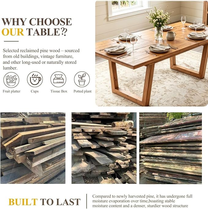 chairus 55"-71" Extendable Reclaimed Wood Dining Table with Butterfly Leaf | Hidden Butterfly Leaf Extends from 55" to 71", Reclaimed Pine Table, Seats 4-8, Sturdy U-shaped Wood Legs, Farmhouse Style