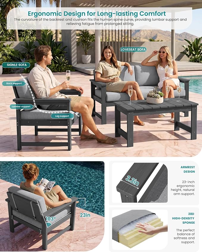 SERWALL 3 Pieces HDPE Outdoor Bistro Sofa Set with Cushions, All Weather Use Adirondack Single Armchair Set of 2 with Side Table, Grey Frame with Grey Cushions