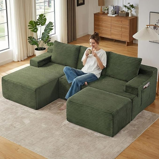 96" Cloud Sectional Couch U-Shaped Chaise with Ottoman, Corduroy Boneless Couch for Living Room Bedroom, Deep-Seat Upholstered Modular Cloud Sofa, No Assembly Required (Green, Left Facing Chaise)