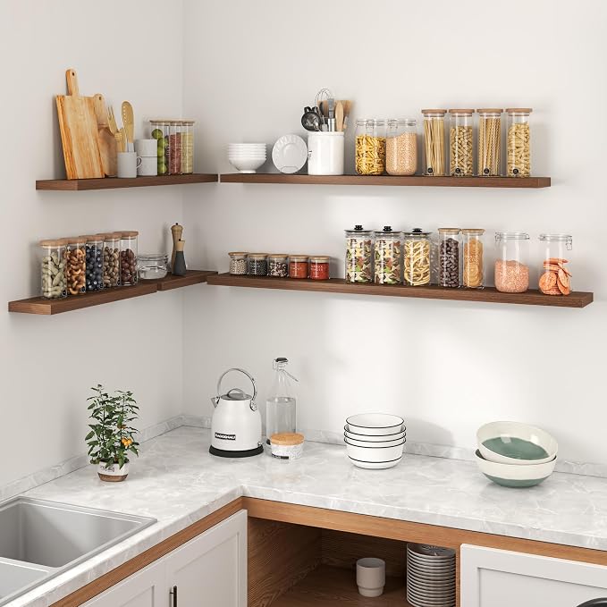 Heimlove Floating Shelves for Wall,16 inchs Shelf for Small Bathroom,Mounted Storage & Display Wood Shelves for Bedroom,Living Room,Kitchen,Office,Set of 2,Walnut Color