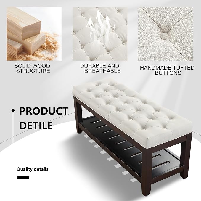 adochr Linen Large Rectangular Ottoman with Storage, Upholstered Entryway Bench for Living Room, Oversized Button Tufted Ottoman with Wood Shelf Storage, Beige