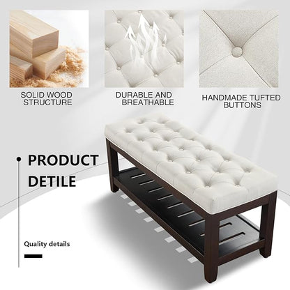 adochr Linen Large Rectangular Ottoman with Storage, Upholstered Entryway Bench for Living Room, Oversized Button Tufted Ottoman with Wood Shelf Storage, Beige