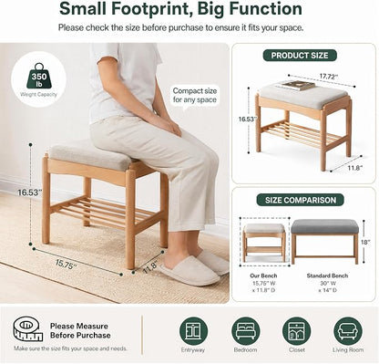 Solid Wood Shoe Bench Assembled, Shoe Rack Bench with Cushion for Entryway, Living Room, Bedroom, Hallway, 11.8" x 17.7" x 16.5", Natural