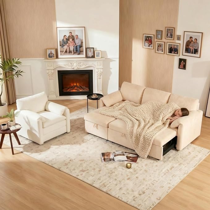 Tbfit Pull Out Sofa Bed with Chair, 3 in 1 Sleeper Sofa Couch with USB & Storage Chaise, Comfy Convertible Sleeper Sofas for Living Room, Small Spaces, White&Beige