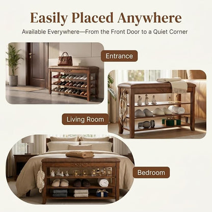 Shoe Rack Bench Entryway Storage with Leather Cushion, Shoe Organizer Bench for Entryway, Front Doors Entrances Hallway,Mudroom,Closet, Bedroom,Solidwood 3 Height-Adjustable Removable Shelve,31.5"