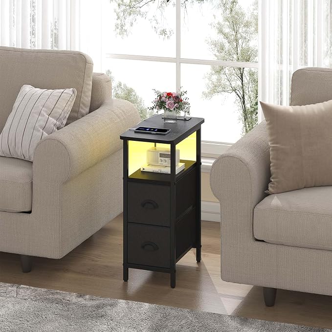 sthmec Narrow End Table with Charging Station, Narrow Side Table with 2 Fabric Drawers, LED End Table, Slim Nightstand with LED Light, Small Side Table for Small Spaces, Living Room, Bedroom, Black