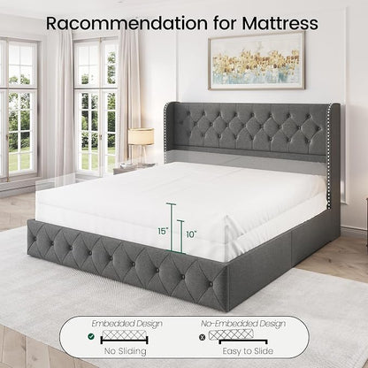 LARMACE Upholstered King Size Bed Frame with 4 Storage Drawers and 47.2" Tall Wingback Headboard Tufted Platform Bed Frame Linen Beds with Wooden Slats Support, Easy Assembly, Light Grey