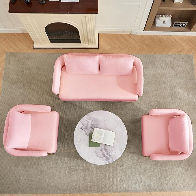 YISHENG Loveseat Sofa and 2 Accent Chairs Comfy Sofa Modern Accent Chairs for Living Room with Golden Legs Teddy Upholstered Reading Armchairs no Wheels for Reception Room//Bedroom/Lounge/Office,Pink