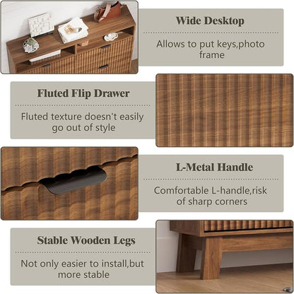 Shoe Cabinet Storage for Entryway with 4 Flip Drawers, Fluted Narrow Shoe Organizer with Wooden Legs & Top Cubby, Freestanding Slim Shoe Storage Hidden Shoe Rack for Front Door Entrance, Walnut