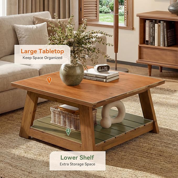 31.5" Solid Wood Square Coffee Table, 2-Tier Storage Design, Sturdy Wooden Legs, Farmhouse Accent Center Cocktail Table for Living Room, Easy Assembly, Honey Brown