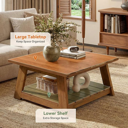 31.5" Solid Wood Square Coffee Table, 2-Tier Storage Design, Sturdy Wooden Legs, Farmhouse Accent Center Cocktail Table for Living Room, Easy Assembly, Honey Brown