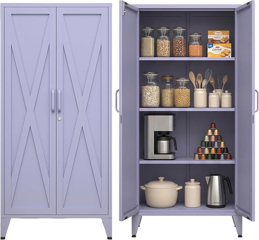 Purple Metal Pantry Cabinet with Lock,Freestanding Steel Storage Locker with 3 Adjustable Shelves,Heavy Duty Metal Storage Cabinet for Kitchen, Living Room,Laundry,Garage 61" H X 27.6" W X 13.8" D