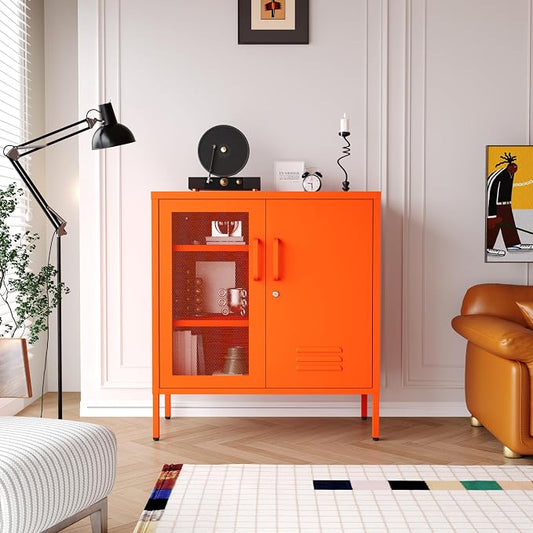 Locking Steel Storage Cabinet Shoe Cabinet for Living Room Bathroom Kitchen Left Wire Mesh Door Right Iron Door Orange Size：33" H x 29.5" W x 13.8" D
