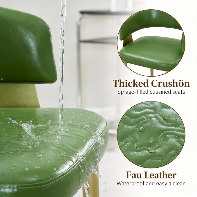 Atoll Modern Accent Dining Chairs Set of 4 with Upholstered PU Leather Seat & Curved Back, Metal Legs, Mid-Century Kitchen Chair for Dining Room, Living Room or Office (4, Green)