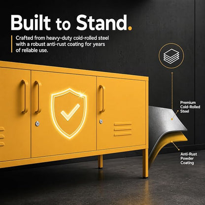 Metal Storage Cabinet with Adjustable Shelves Lockable TV Stand Home Tool Metal Cabinet Easy Assembly Yellow 22" H X 47.3" W X 13.8" D