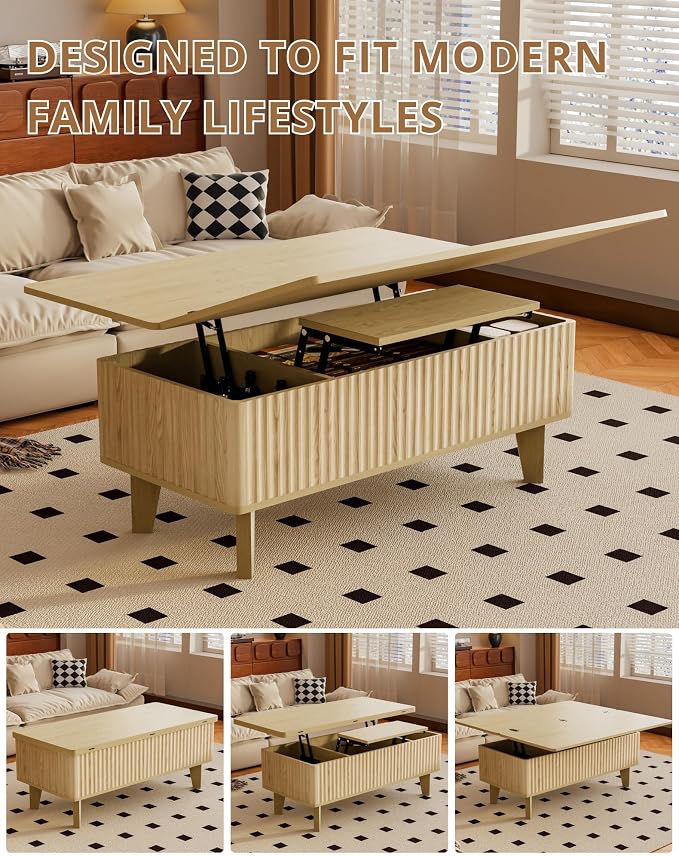 4 in 1 Coffee Table with Lifting Top, Modern Convertible Coffee Table with Storage Converts to Dining Table for Living Room, Oak