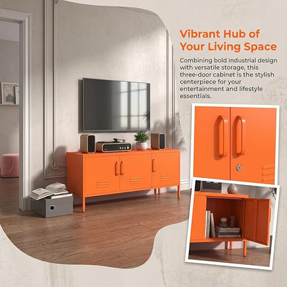 3 Door Lockable Metal TV Stand Storage Cabinet with Accent Cabinet Locker, Wide Heavy Duty Media Console for Large 100+ Inch TVs, Home Office Entertainment Center, Orange 22"H X 47.3"W X 13.8"D