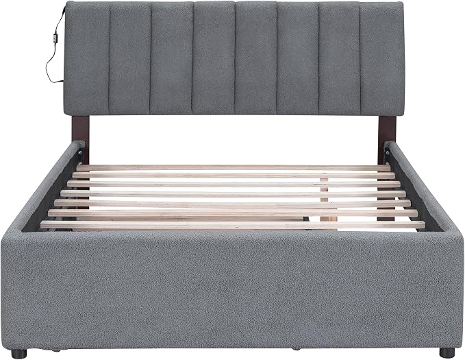 Bellemave Full Bed Frame with Trundle and LED Lights,Teddy Fleece Upholstered Platform Bed Frame with USB,Full Size Trundle Bed with Headboard for Kids Teens Adults,Gray