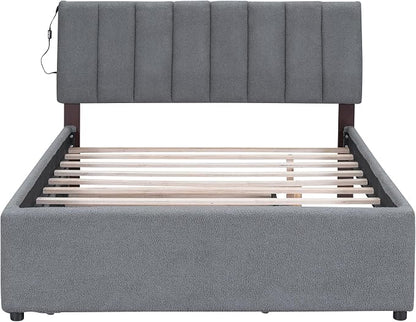 Bellemave Full Bed Frame with Trundle and LED Lights,Teddy Fleece Upholstered Platform Bed Frame with USB,Full Size Trundle Bed with Headboard for Kids Teens Adults,Gray