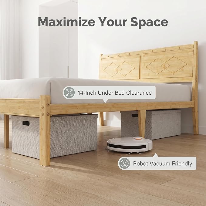 Askeld 14 inch Bamboo King Bed Frame with Headboard, Light Cottagecore Solid Wood Platform Bed No Box Spring Needed, Easy Assembly, Noise Free
