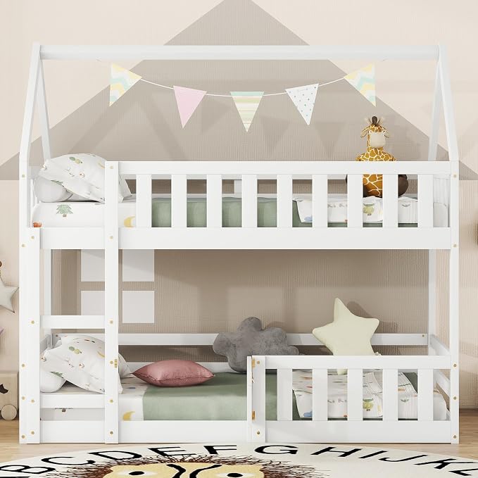 SOFTSEA Bunk Bed Twin Over Twin, Solid Wood House Bunk Bed Frame with Ladder, Door & Safety Guardrails, Floor Bunk Beds for Kids, Noise Free, Easy Assembly, White