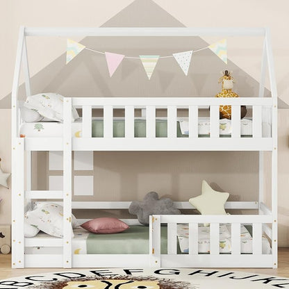 SOFTSEA Bunk Bed Twin Over Twin, Solid Wood House Bunk Bed Frame with Ladder, Door & Safety Guardrails, Floor Bunk Beds for Kids, Noise Free, Easy Assembly, White