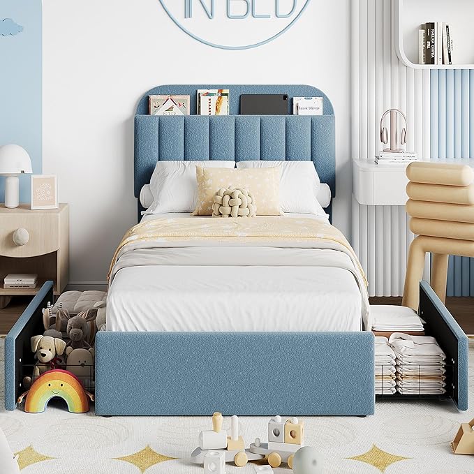 Garvee Twin Size Bed Frame with 2 Flexible Drawers, Boucle Upholstered Platform Bed Frame with Bookcase Headboard, Bedframe for Kids/Boys, Easy Assembly, No Box Spring Needed, Noise Free, Blue