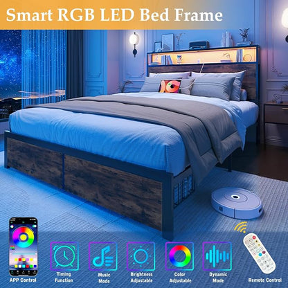 Lifezone Full Bed Frame with 2-Tier Storage Headboard, Metal Bed Frame with Storage Drawers & Built-in Charging Station & LED, Noise-Free, No Box Spring Needed, Easy Assembly, Rustic Brown