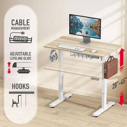 SHW 40 x 22 Inches Electric Height Adjustable Sit to Stand Desk with Hanging Hooks and Cable Management, White Frame and Maple Top