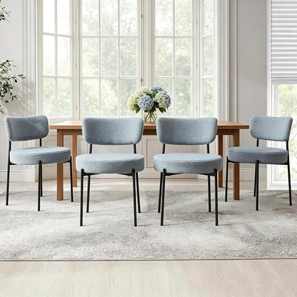 Boucle Dining Chairs Set of 8, Grey Mid Century Modern Kitchen Dining Room Chairs with Curved Backrest and Metal Frame, Round Upholstered Dining Chairs for Kitchen, Living Room