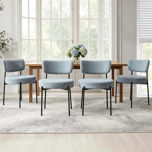 Boucle Dining Chairs Set of 8, Grey Mid Century Modern Kitchen Dining Room Chairs with Curved Backrest and Metal Frame, Round Upholstered Dining Chairs for Kitchen, Living Room