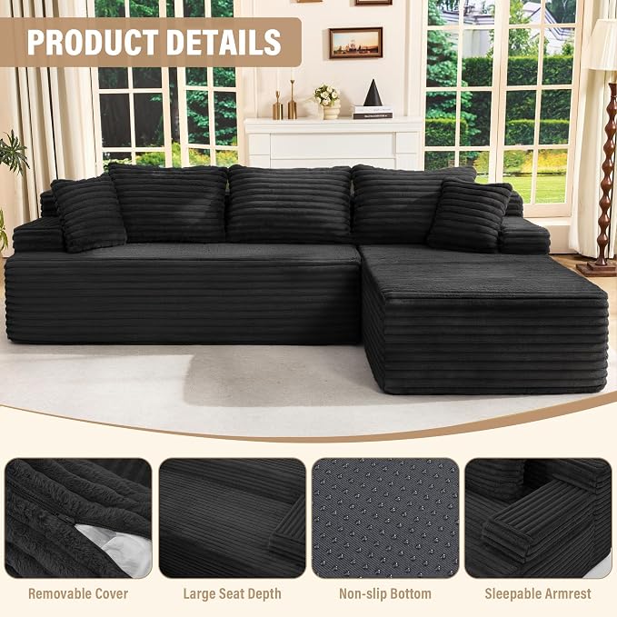 Hobestluk Boneless Couch Modular Sectional Sofa L-Shape Oversized Chaise | 108" Right Facing Chaise Charcoal,Memory Foam,Removable Cover,Non-slip Bottom,No Assemble Required,Living Room Furniture