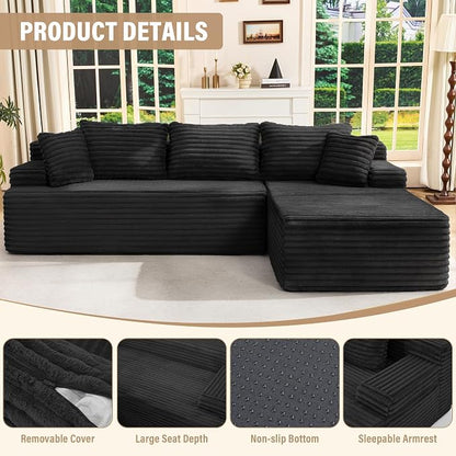 Hobestluk Boneless Couch Modular Sectional Sofa L-Shape Oversized Chaise | 108" Right Facing Chaise Charcoal,Memory Foam,Removable Cover,Non-slip Bottom,No Assemble Required,Living Room Furniture